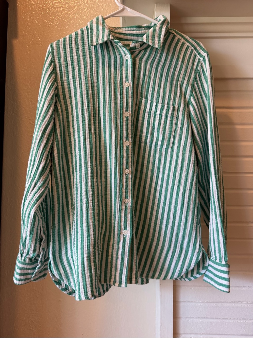 J.Crew Green White Striped Cotton Button Down Shirt Size Medium